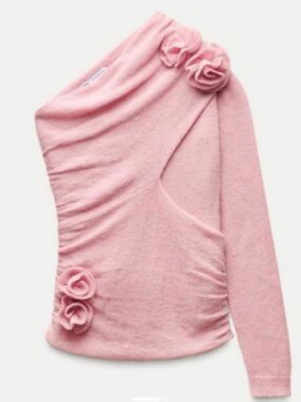 Zara Rose Pink Knit One shoulder sweater with Rosette Accents